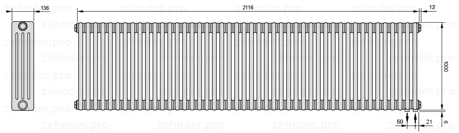 Схема (чертеж) Радиатор Zehnder Charleston 4100/46 №5510 Белый глянцевый RAL 9016